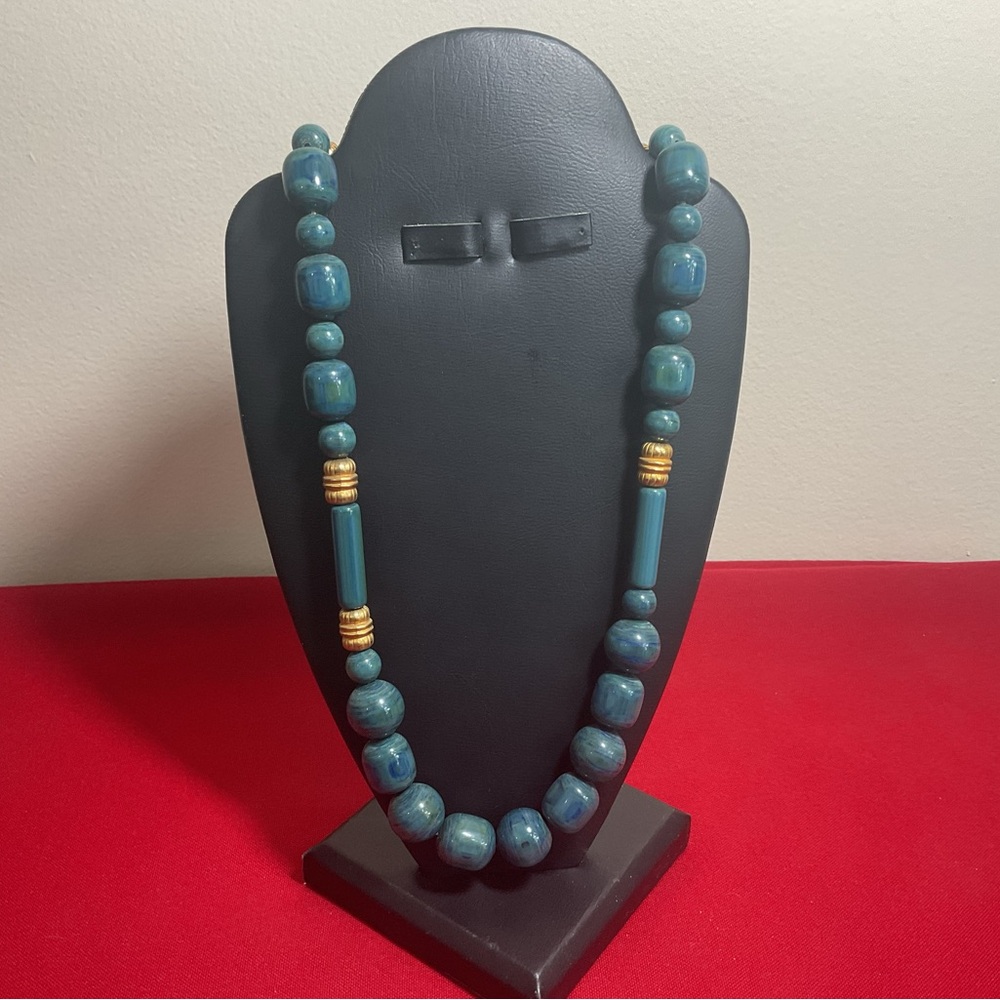 Vintage Cadoro Teal Lucite Bead Necklace Gold Tone Spacers Mid Century Statement
